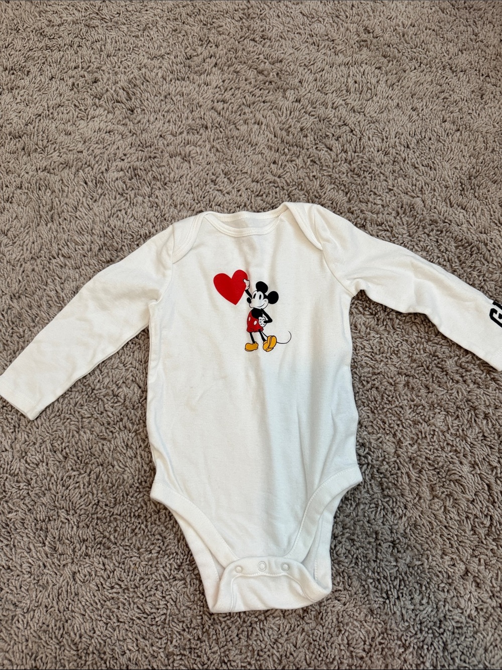 GAP White Long-Sleeve Baby One-Piece with Red Heart & Mickey